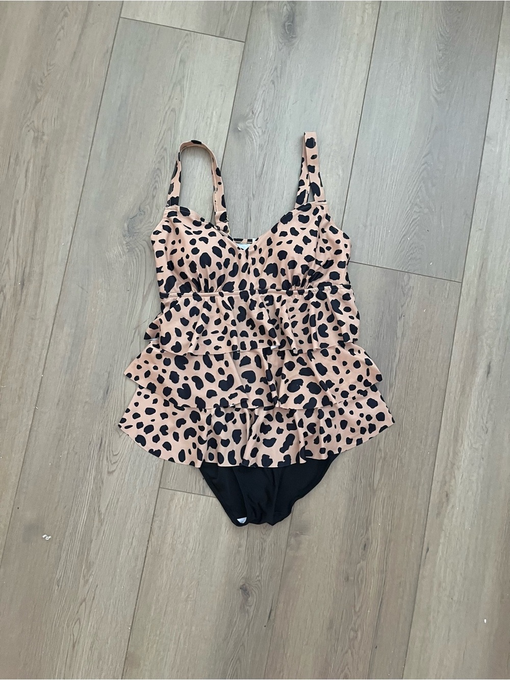 Women’s Tiered Ruffle One-Piece Swimsuit in Tan Leopard Print